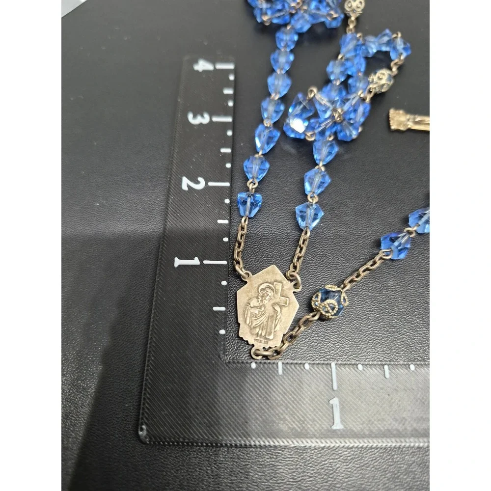 Vintage Rosary Blue Crystal Beads Sterling Silver Crucifix Centerpiece